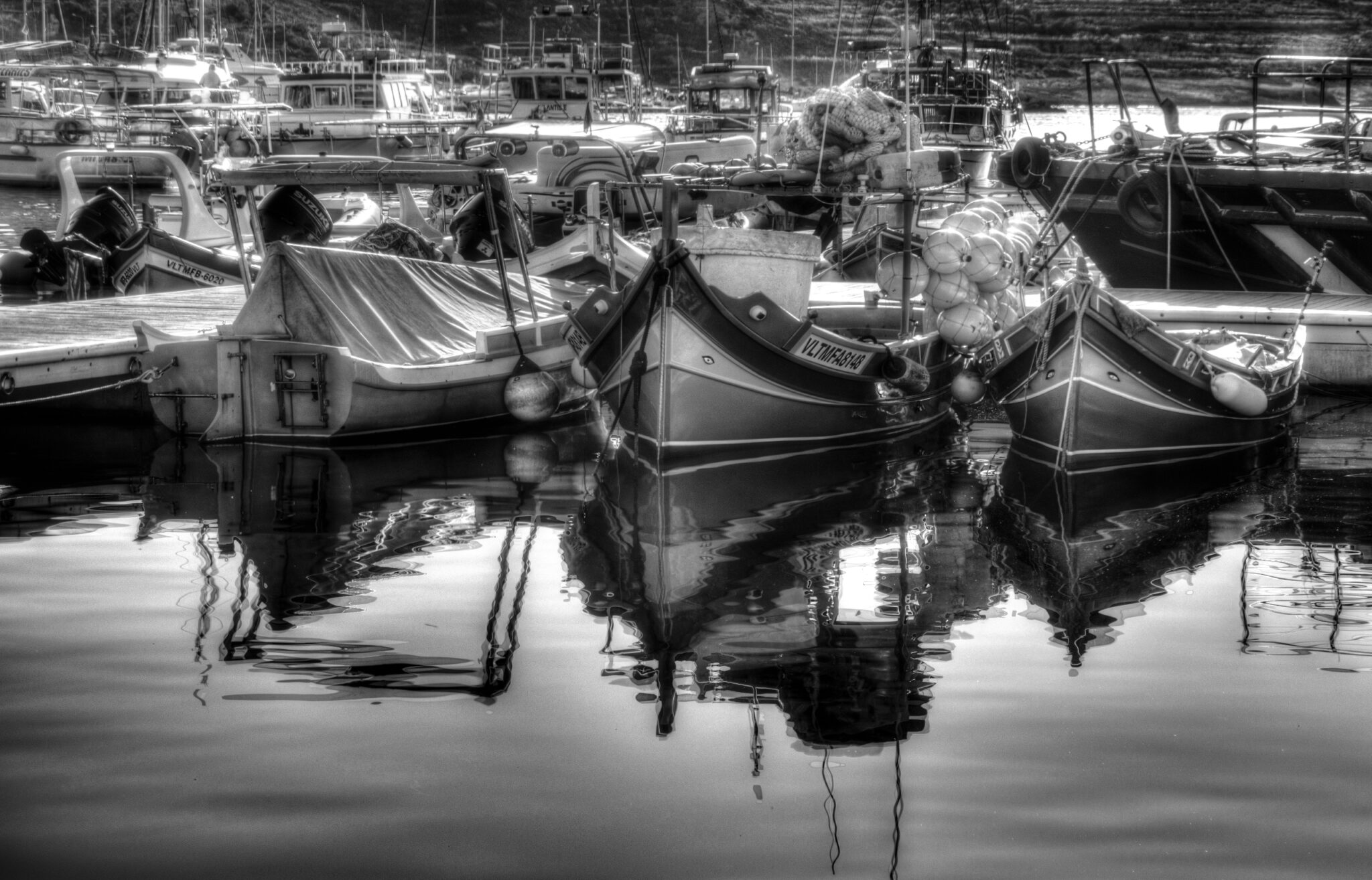 black and white photo typical fishing boats